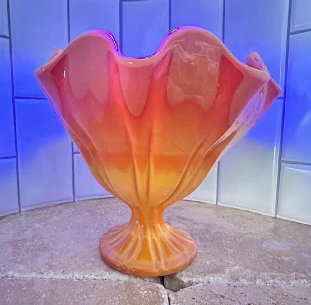 MCM L E Smith Bittersweet Orange Swung Slag Glass Compote Dish Pedestal Bowl